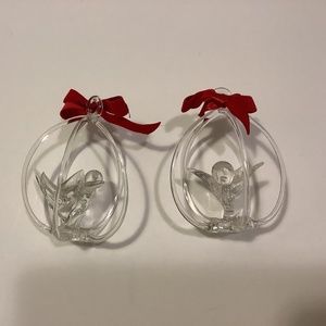 Two vintage hang spun glass love bird ornaments